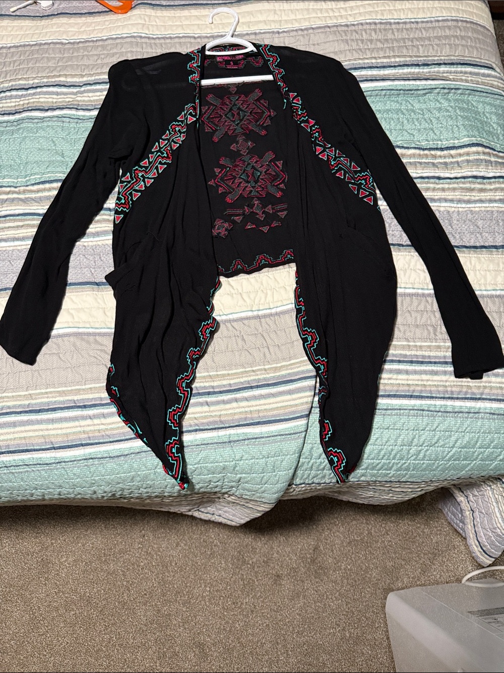 Rock & Roll Cowgirl Black Open-Front Cardigan with Pink & Teal Embroidery